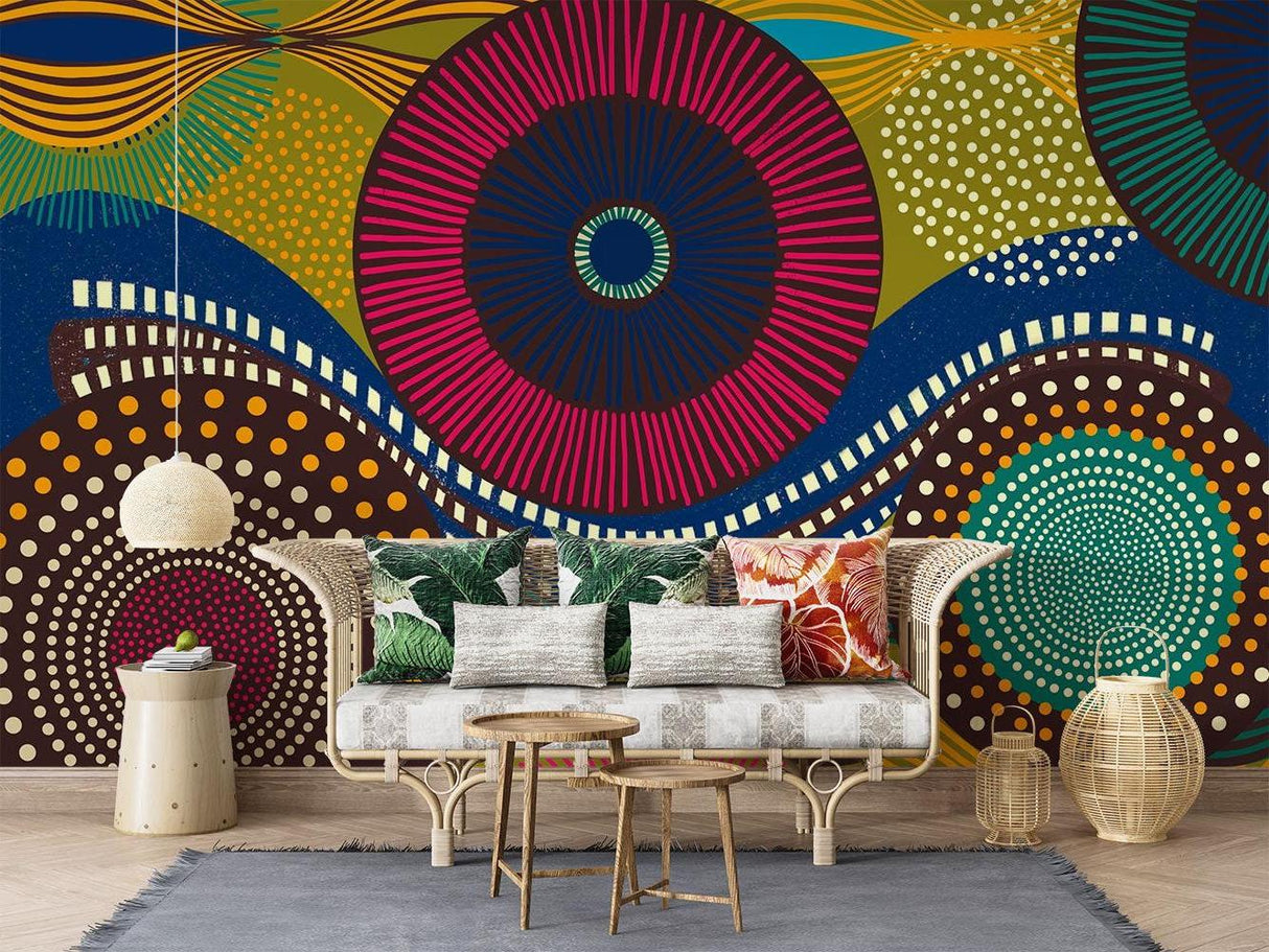 Colorful geometric wallpaper in dining area with circular African patterns