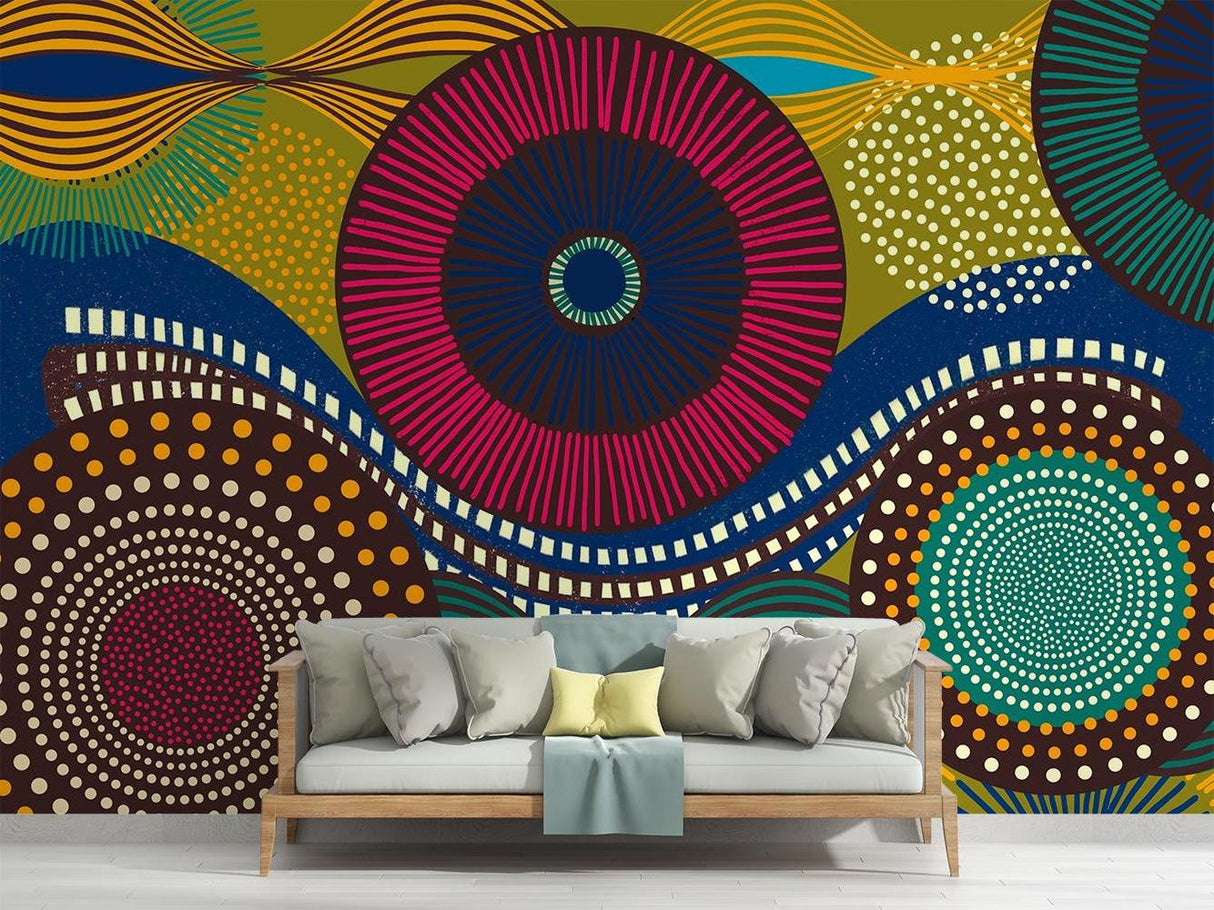 Modern office space with bold geometric circle wallpaper