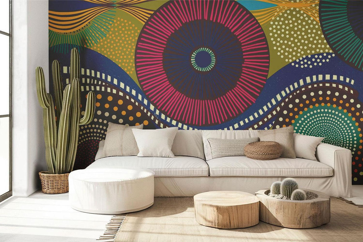 Contemporary bedroom with colorful geometric pattern wallpaper