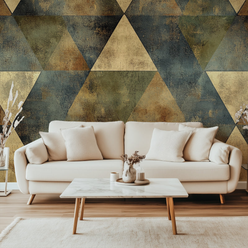 Geometric triangle wallpaper in modern living room showing navy and gold 3D pattern casting dynamic shadows