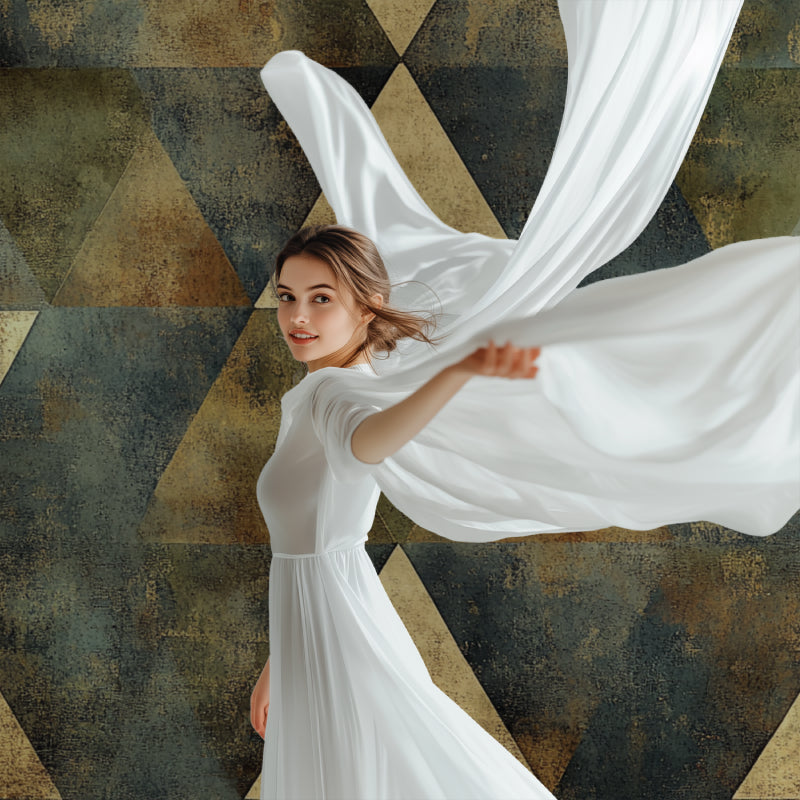 Home office featuring vintage geometric wallpaper with triangular design creating depth