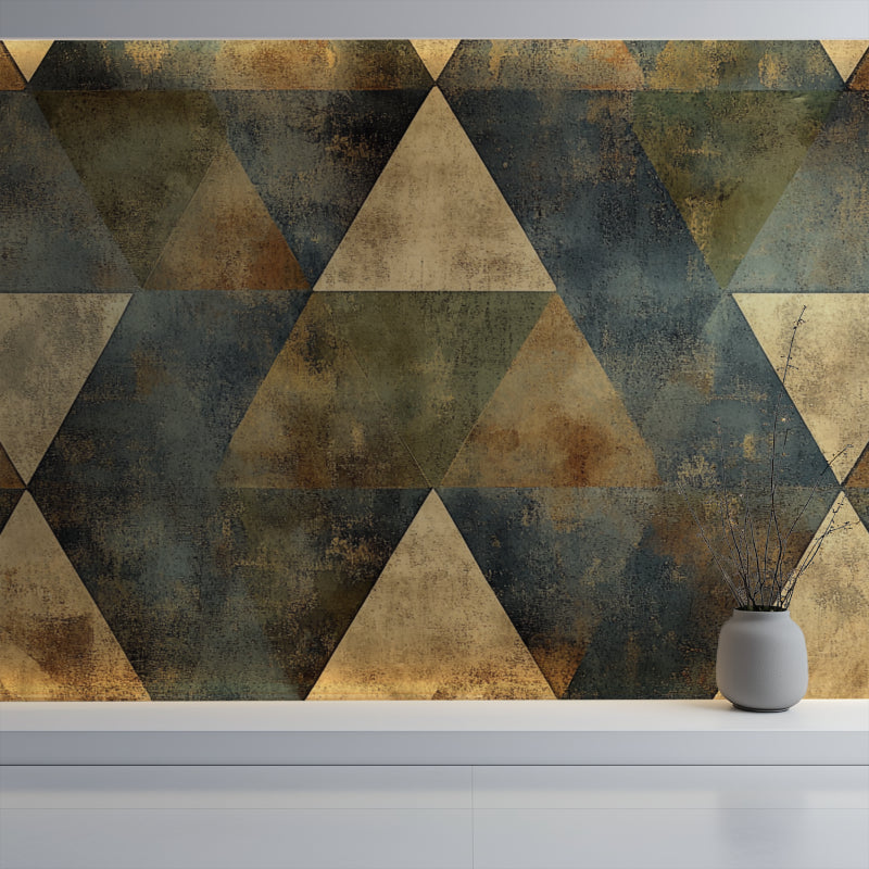 Dining room with 3D triangle wallpaper showing evening lighting effects on pattern