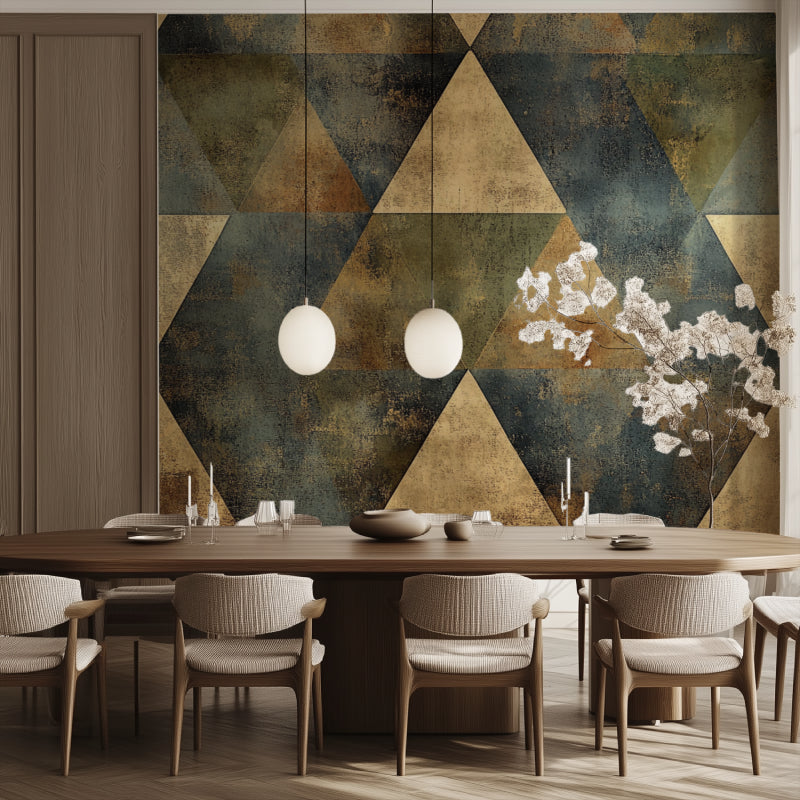 Bedroom accent wall with geometric pattern wallpaper in navy and gold tones