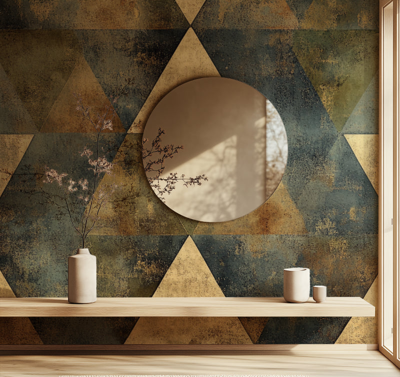 Hallway showcasing triangle wallpaper pattern with natural daylight interaction