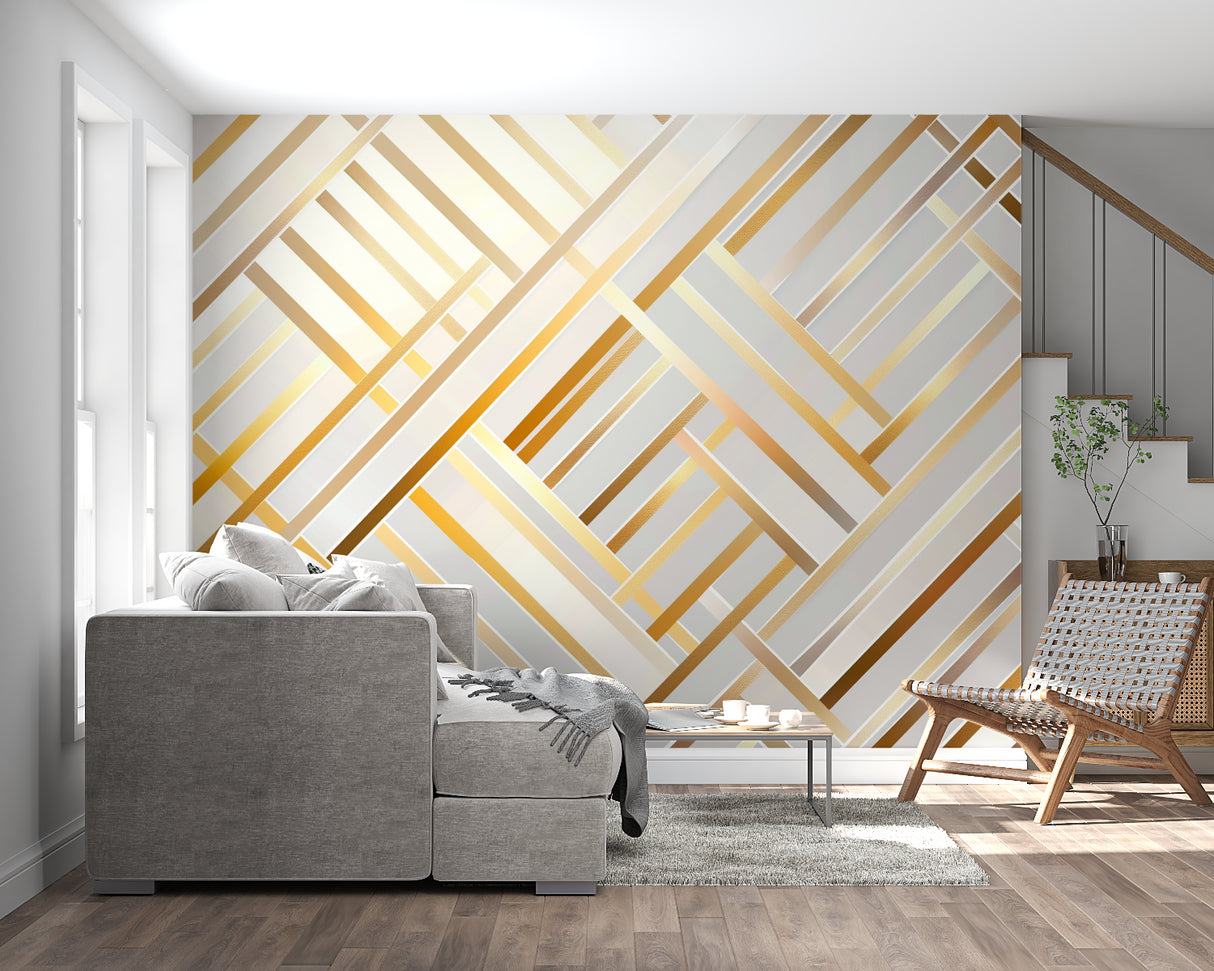 White and gold geometric wallpaper in modern living room with clean furniture and natural light