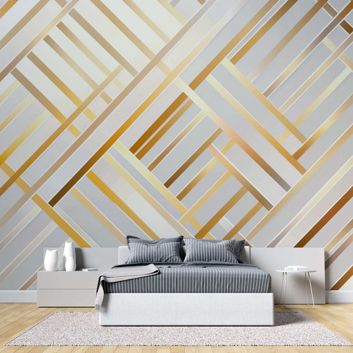 Art deco geometric pattern wallpaper showcased in luxury master bedroom setting