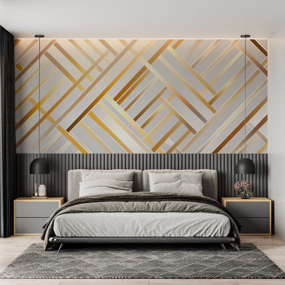 Gold line pattern wall mural creating depth in minimalist dining room
