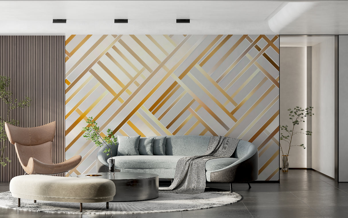 Geometric white and gold wallpaper making statement in home office space