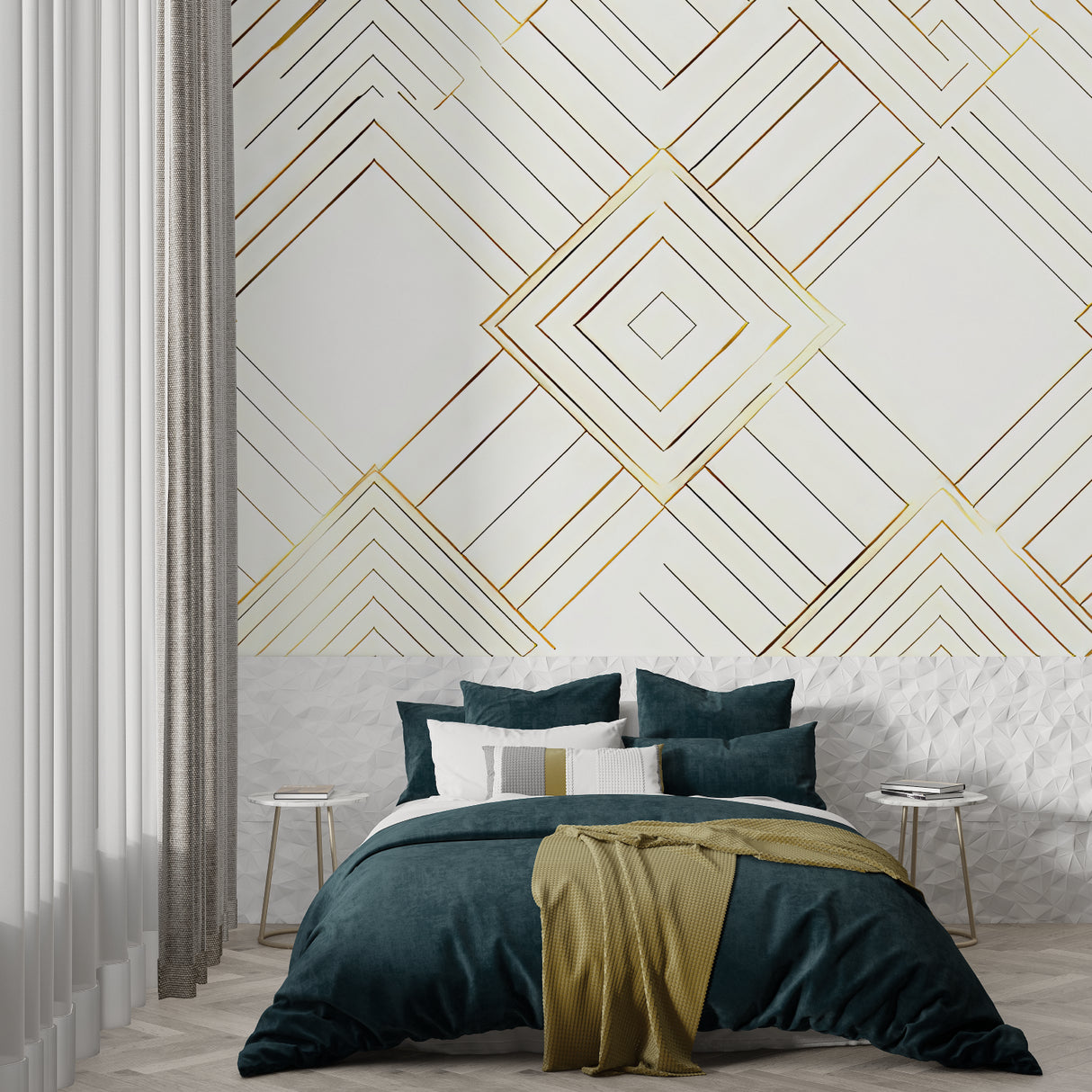 Geometric gold and white wallpaper in modern living room showing art deco pattern catching morning light