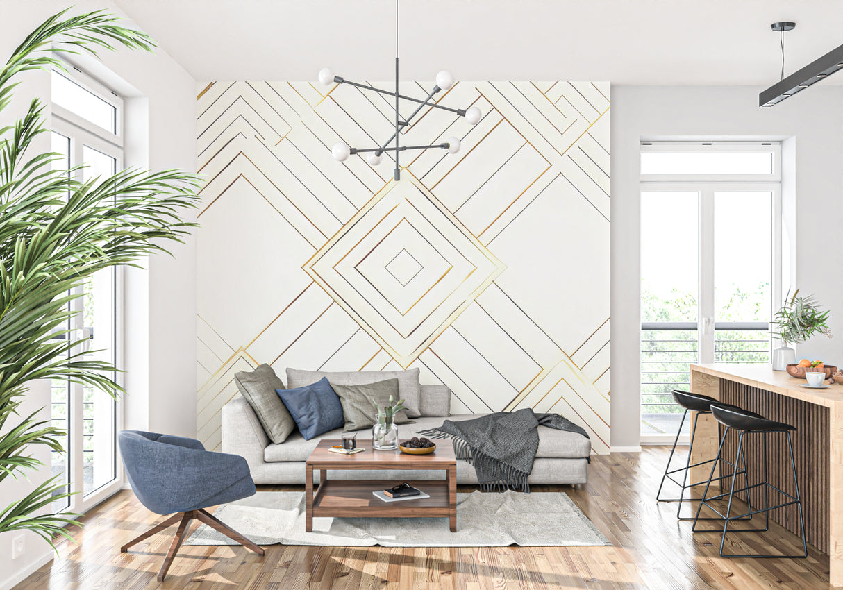 Art deco geometric wallpaper making dining room look bigger with gold accents