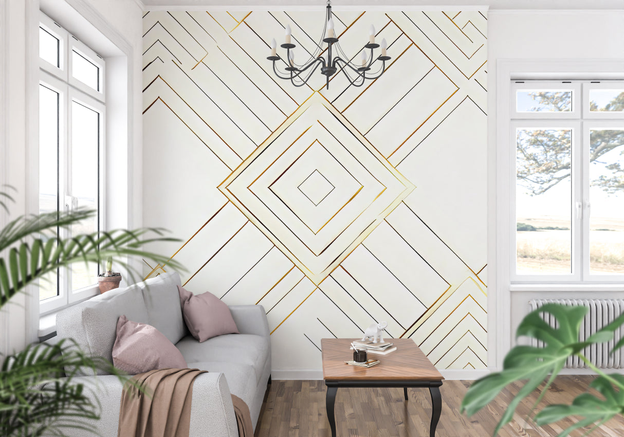 White and gold geometric pattern wallpaper in master bedroom creating luxury feel