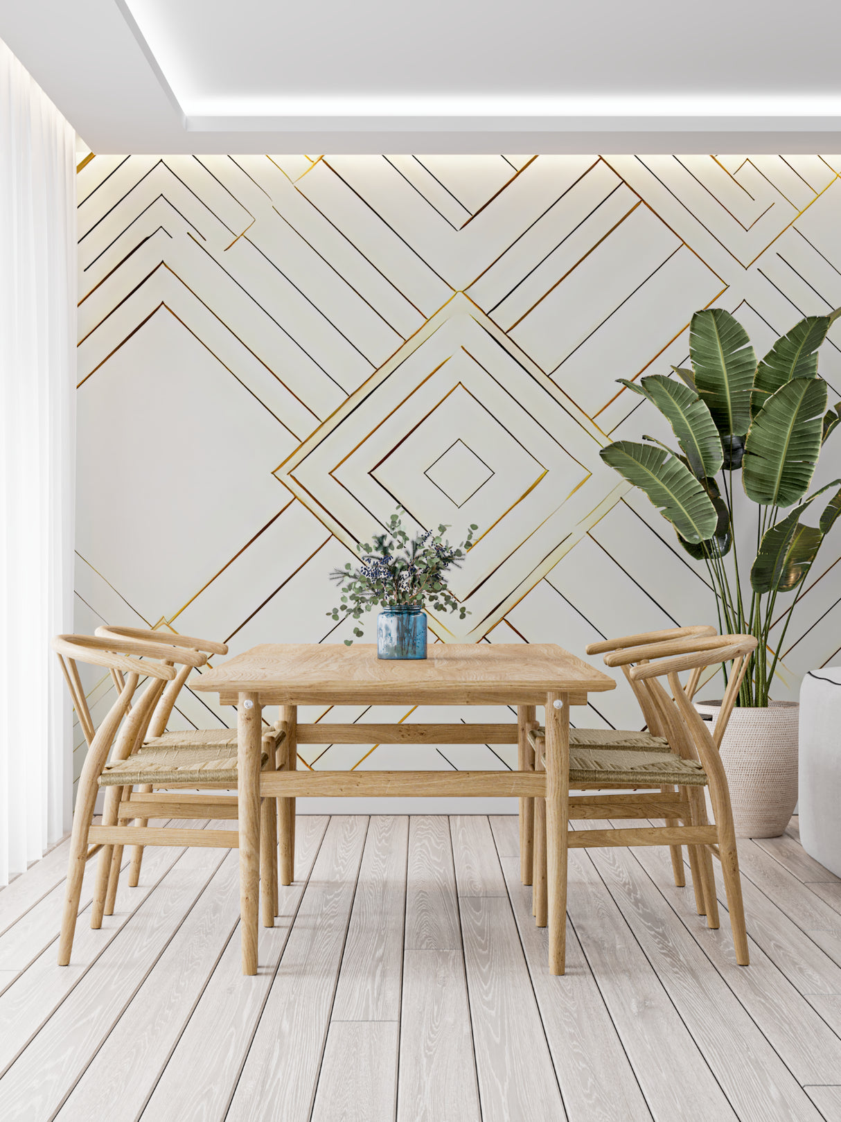 Home office featuring gold geometric wallpaper pattern in evening light