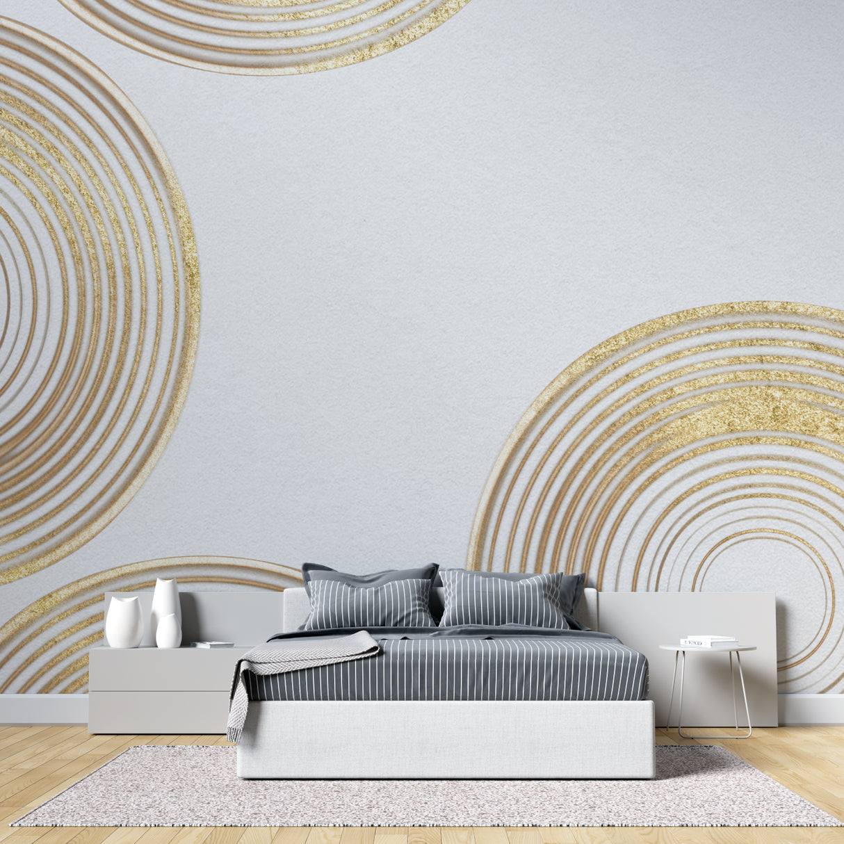 White and gold circular pattern mural in minimalist dining room with pendant lighting