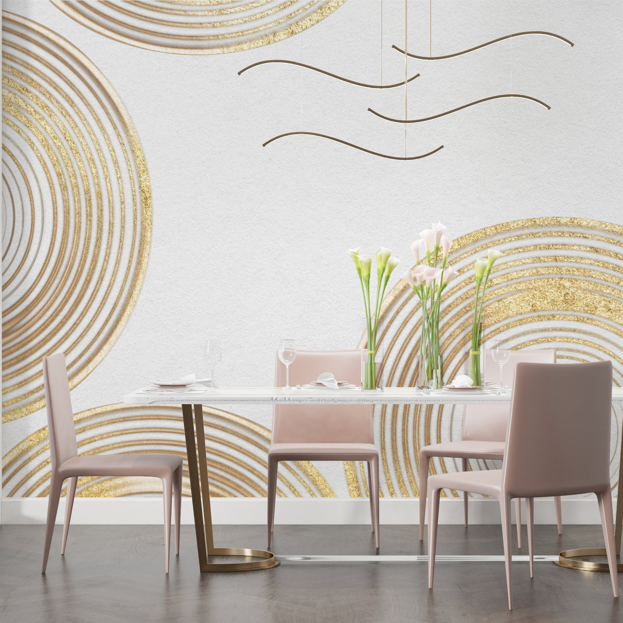 Geometric circle wallpaper adding elegance to master bedroom with luxurious bedding