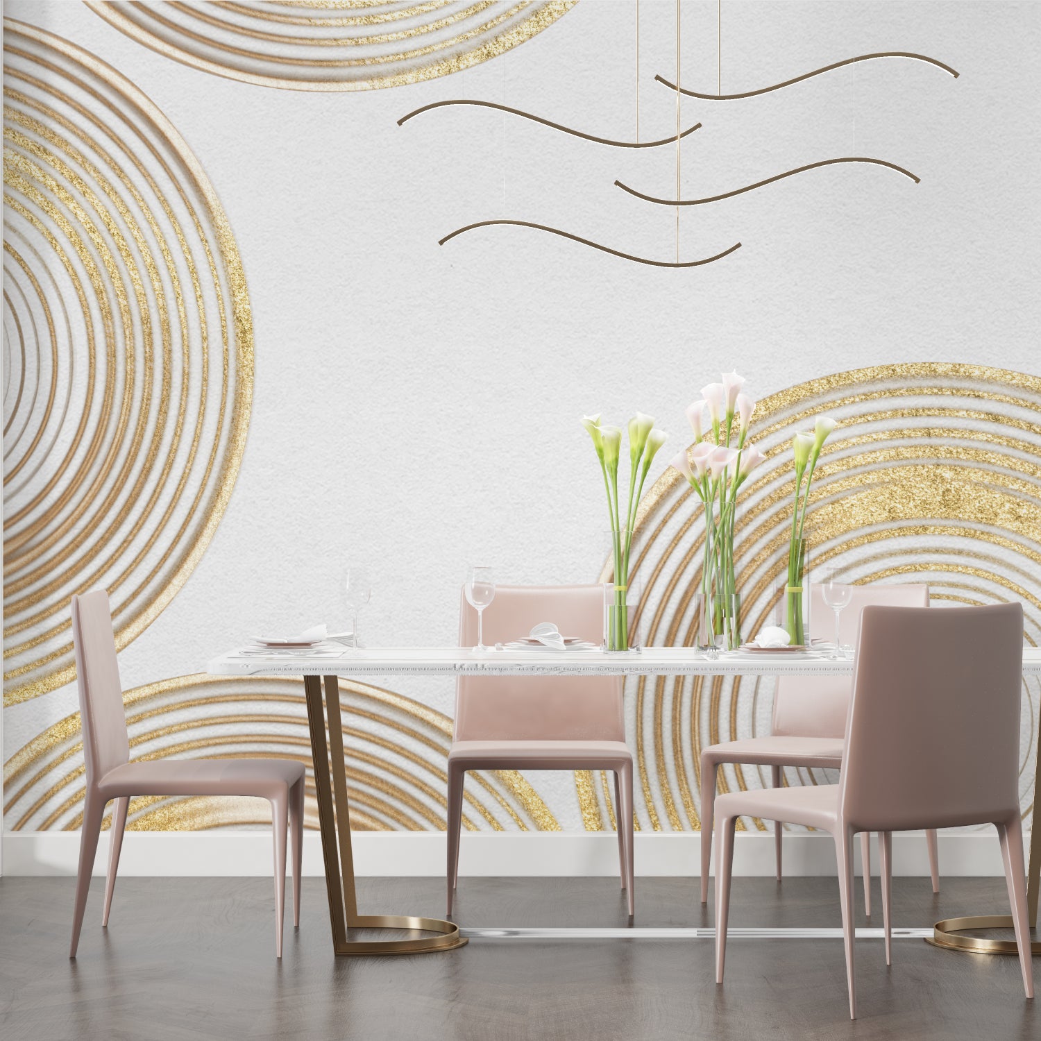 Geometric circle wallpaper adding elegance to master bedroom with luxurious bedding