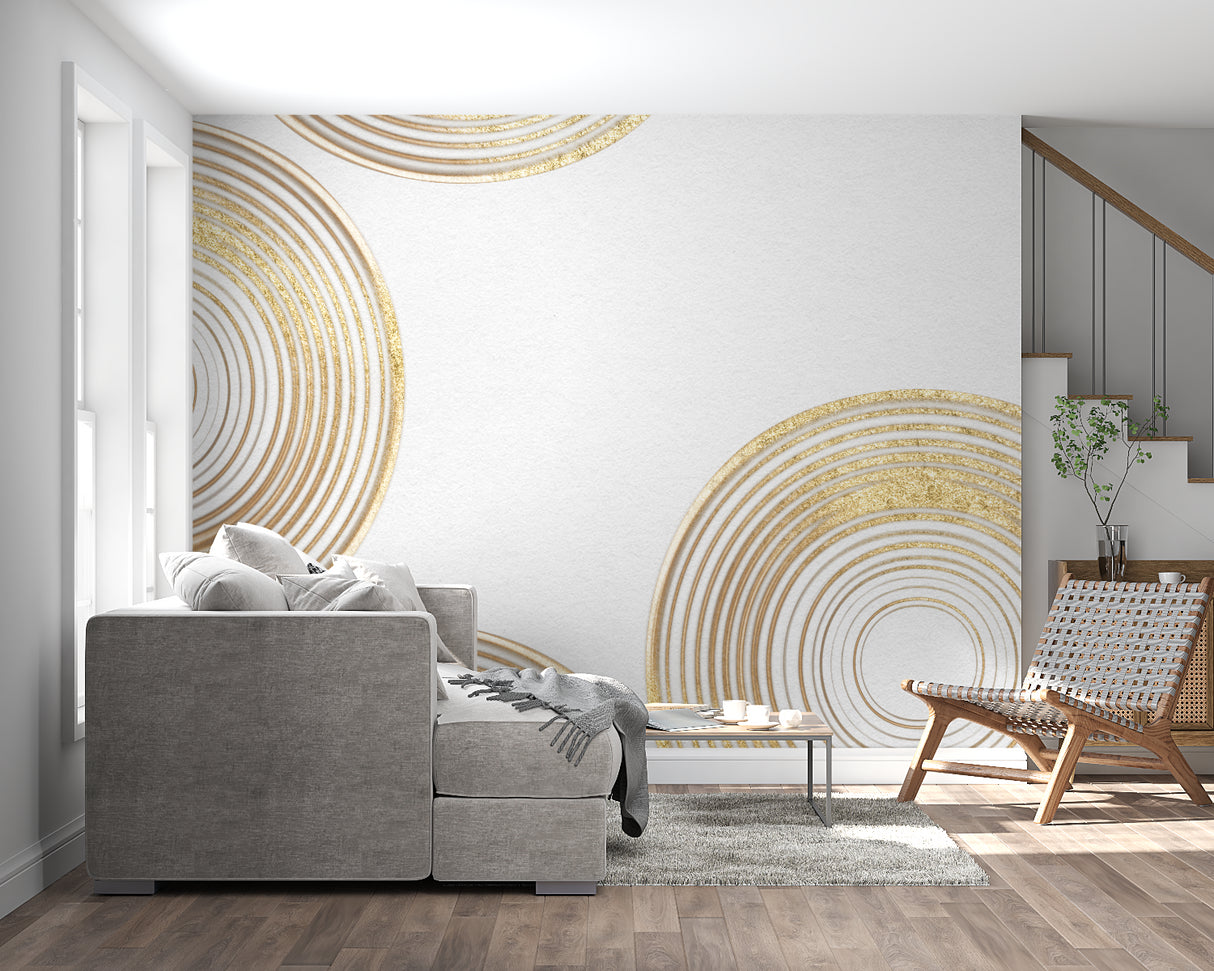 Modern gold geometric wall mural brightening home office space with desk setup