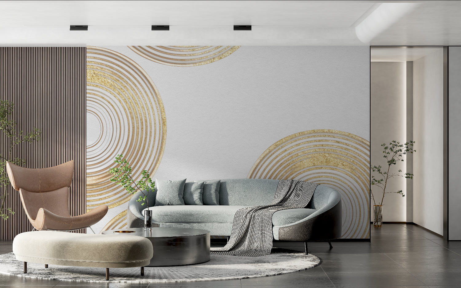 Luxury gold circle pattern enhancing entryway with contemporary furniture