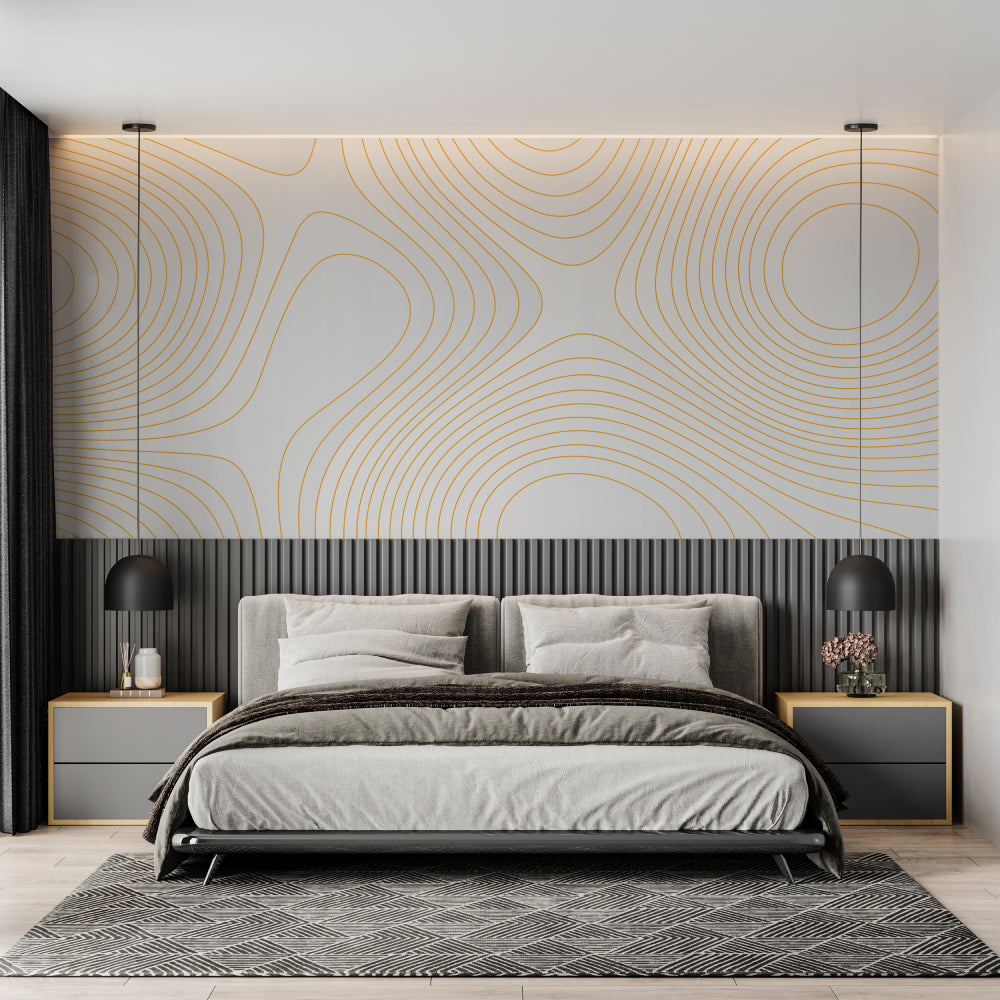 White and gold geometric wallpaper creating depth in master bedroom with contemporary decor