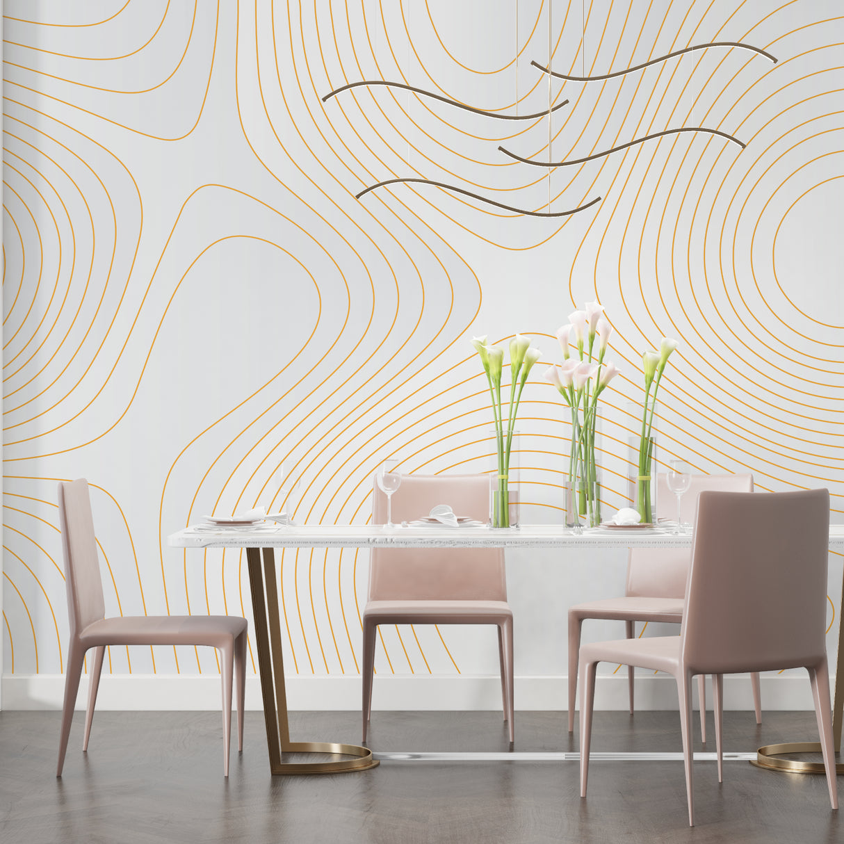 Modern line art wallpaper in home office featuring clean white and gold design