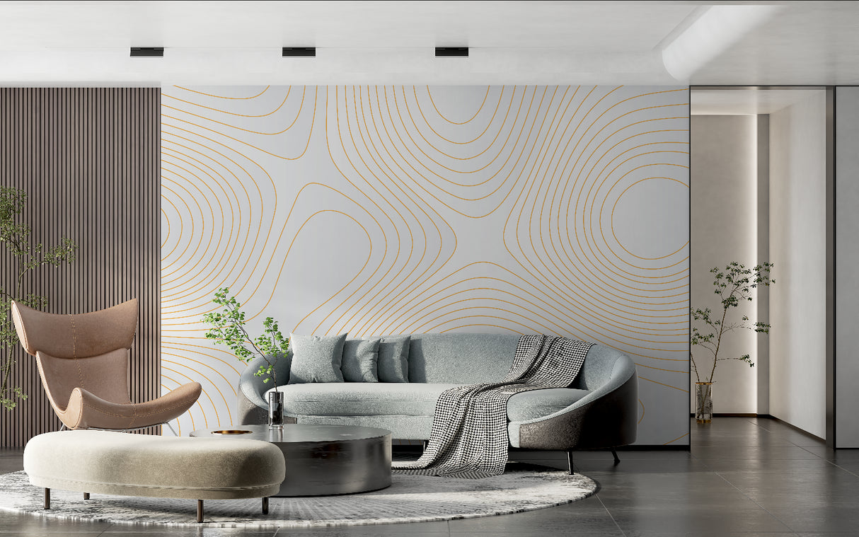 Gold geometric pattern wallpaper making statement in dining room with modern fixtures