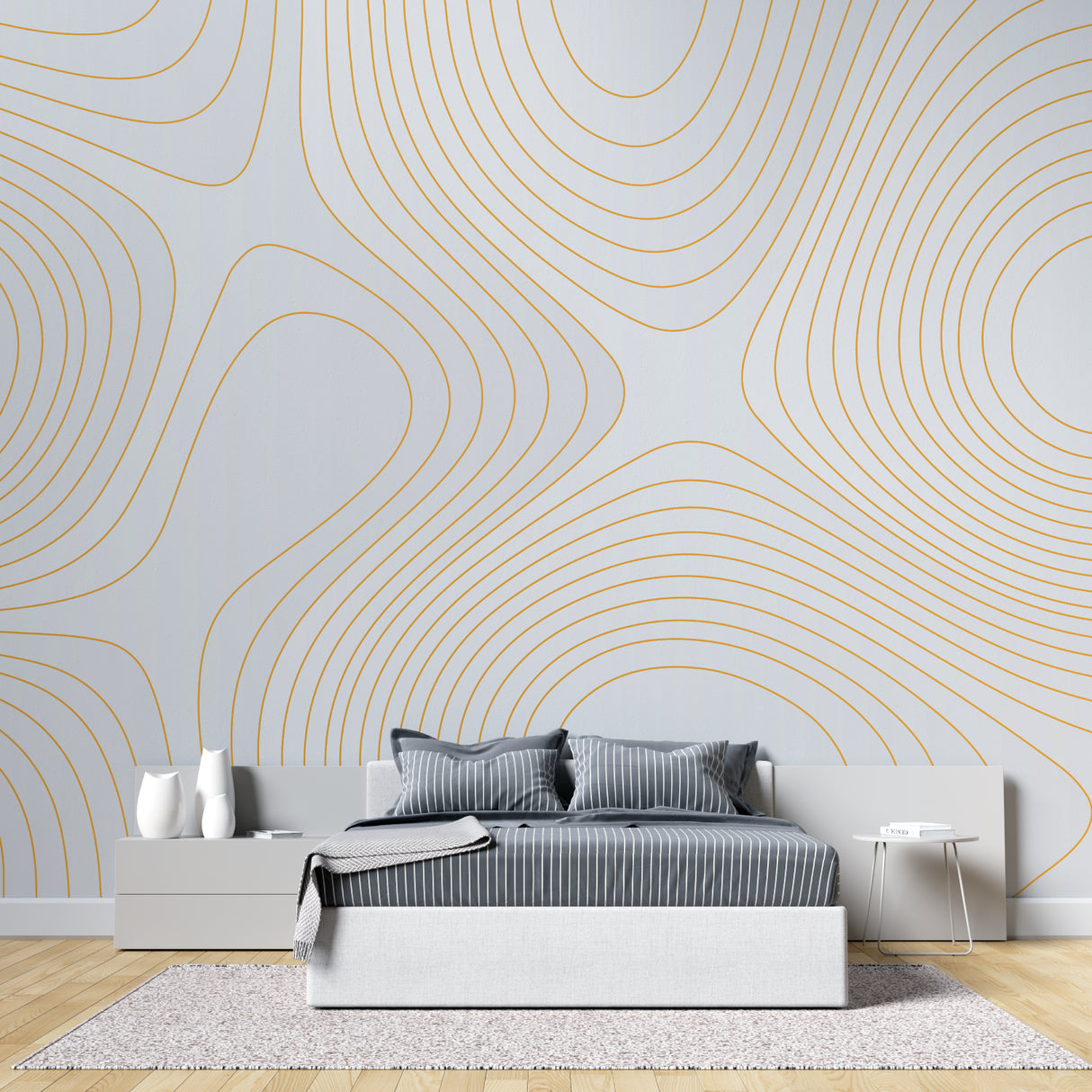 Linear geometric wallpaper brightening hallway with flowing gold patterns