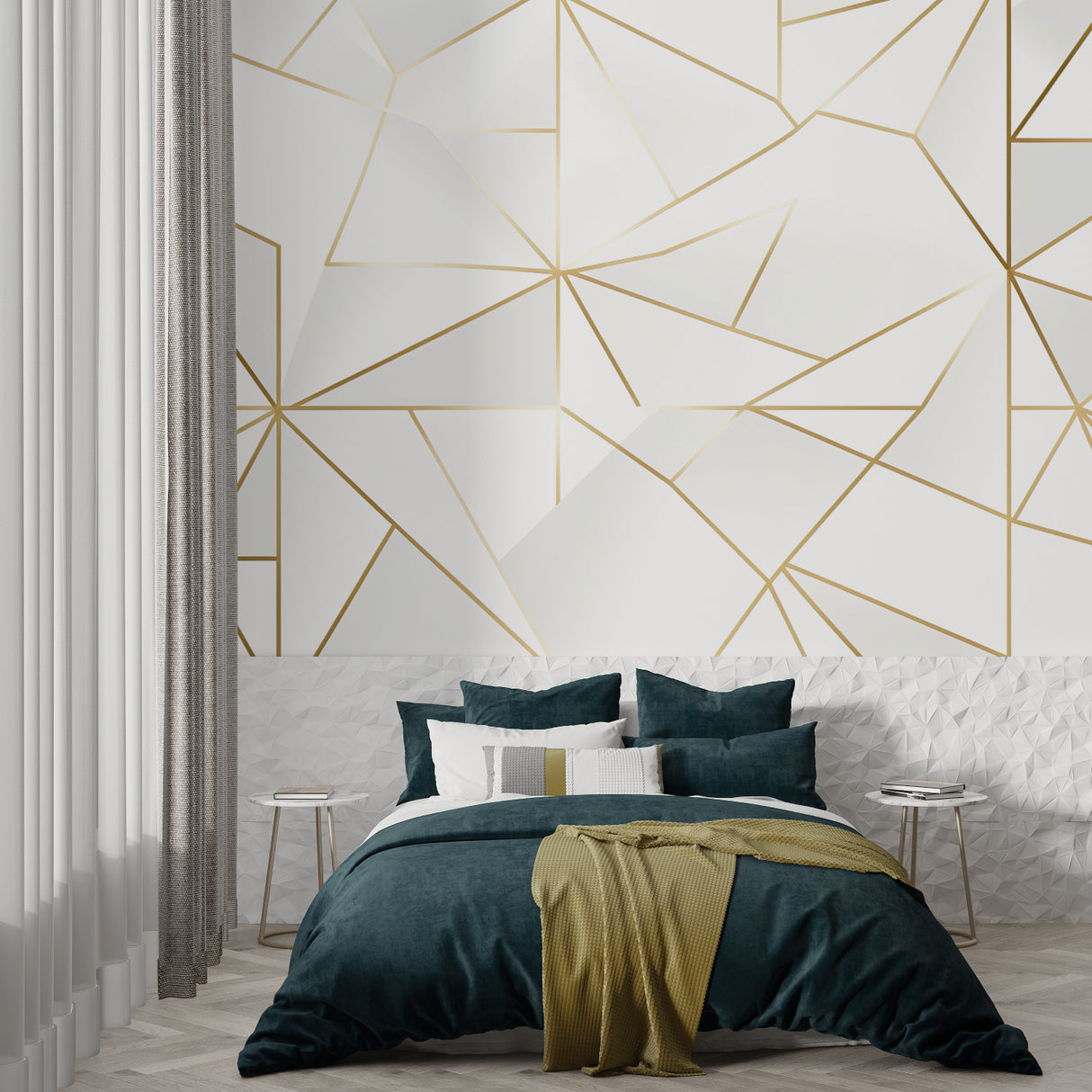Modern office space featuring geometric linear wallpaper in white and gold tones