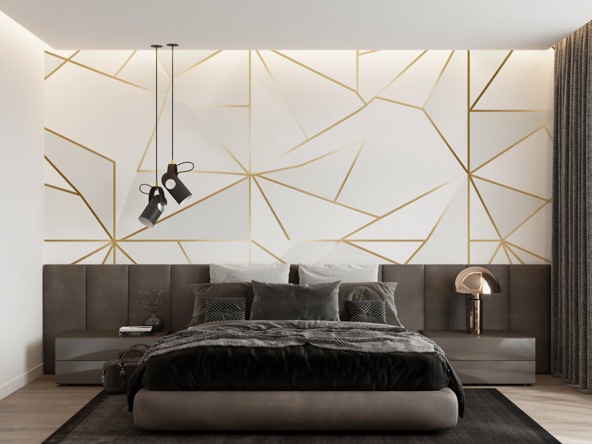 Gold geometric pattern wallpaper in contemporary bedroom adding subtle luxury