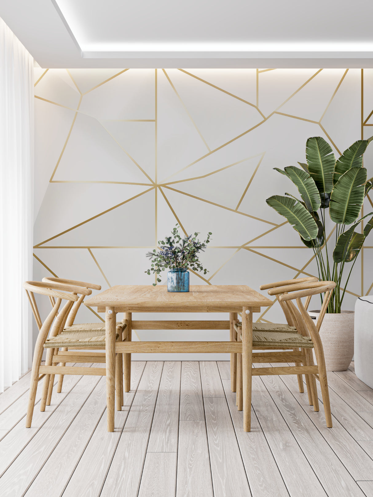 Linear gold wallpaper design in hallway creating depth and visual interest