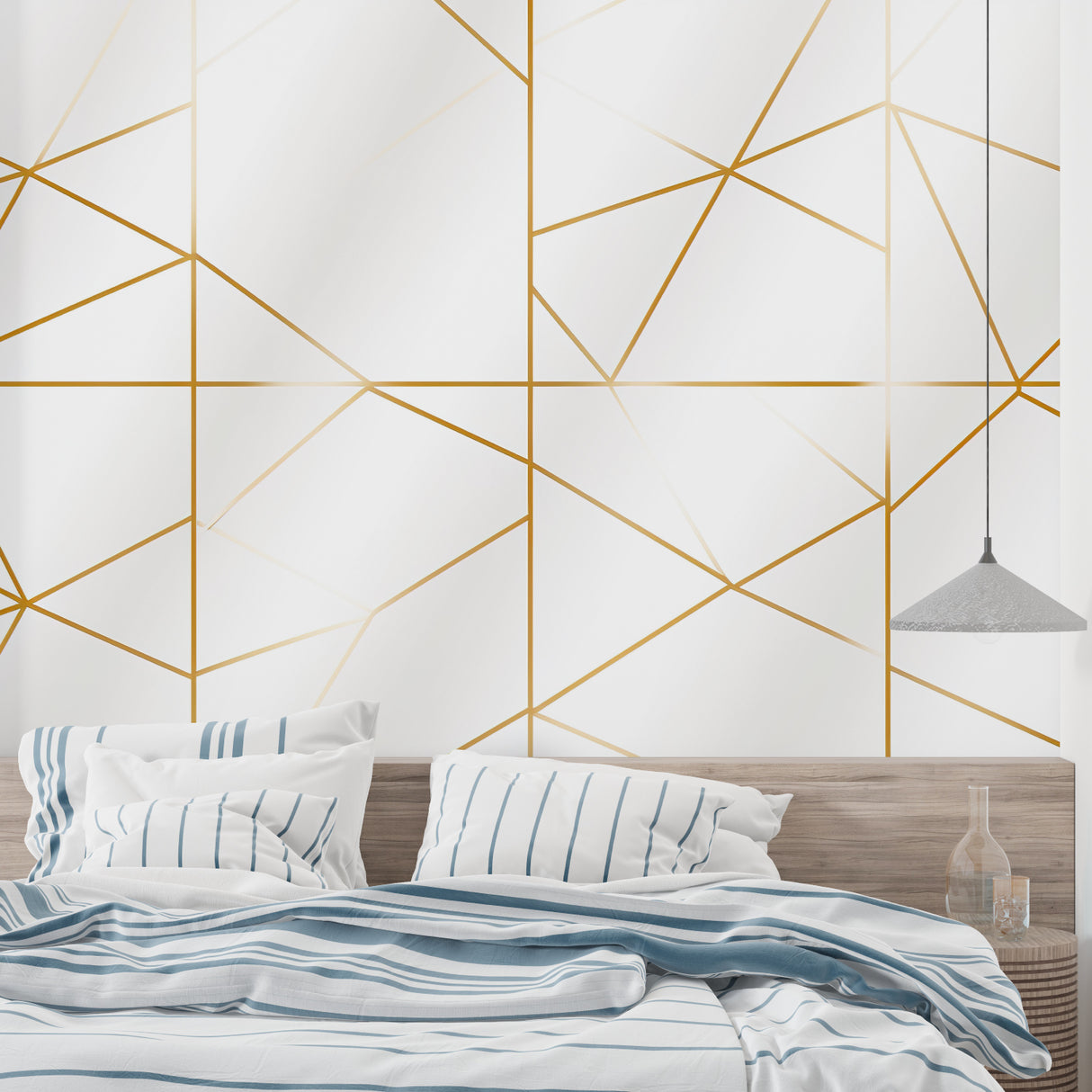 Gold linear pattern wallpaper creating depth in a minimalist dining room setting