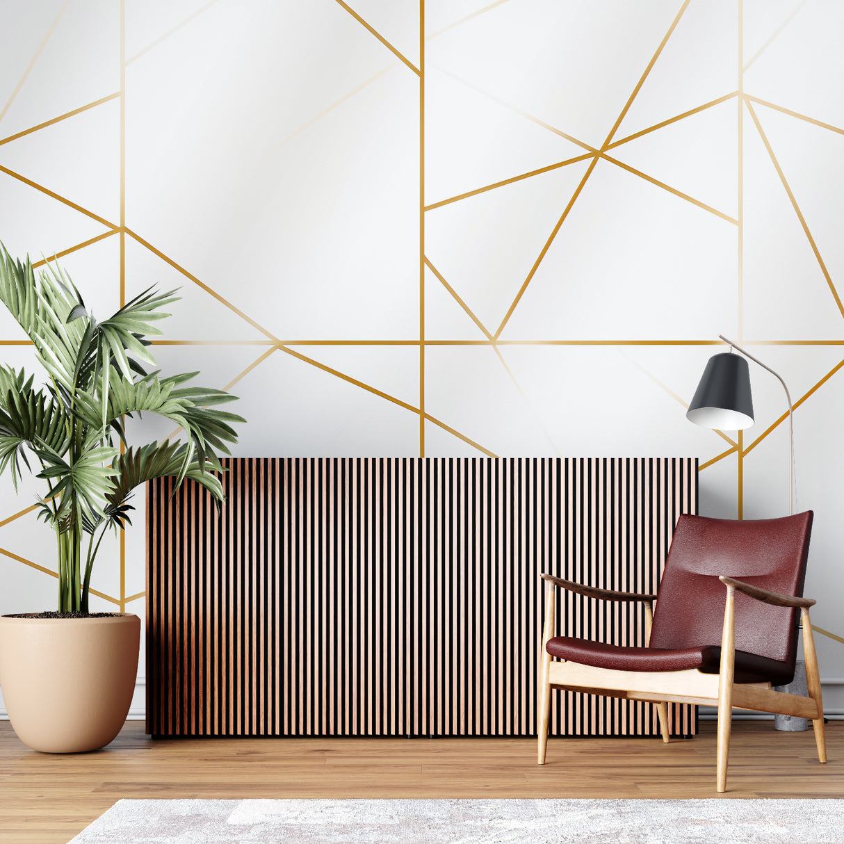 Geometric wallpaper bringing luxury to a contemporary home office space