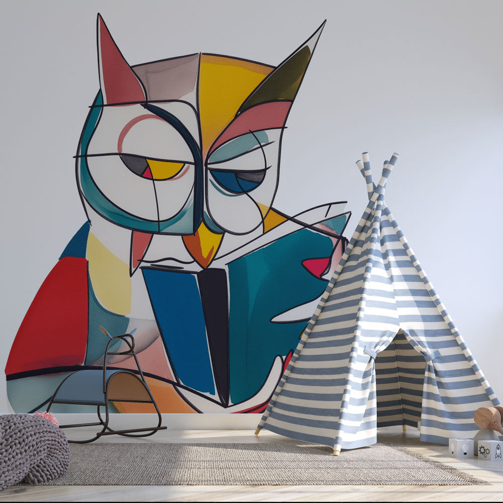 Modern Geometric Owl Wallpaper bringing artistic flair to a bright home office space with clean furniture and natural light