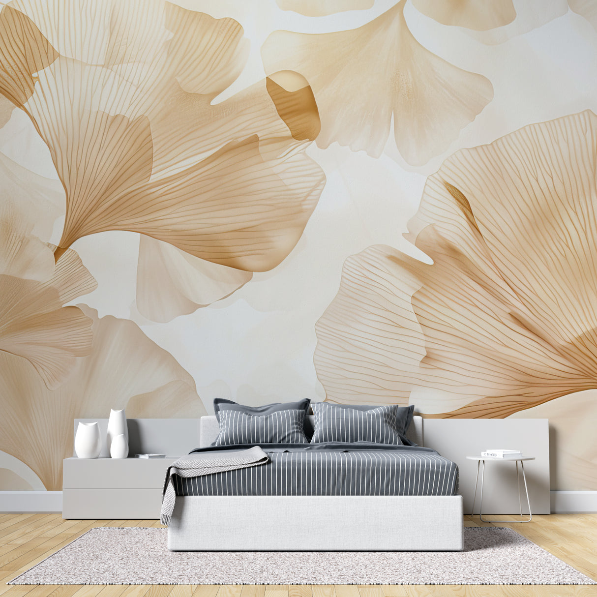 Ginkgo leaf wallpaper in modern living room showing beige and gold botanical pattern
