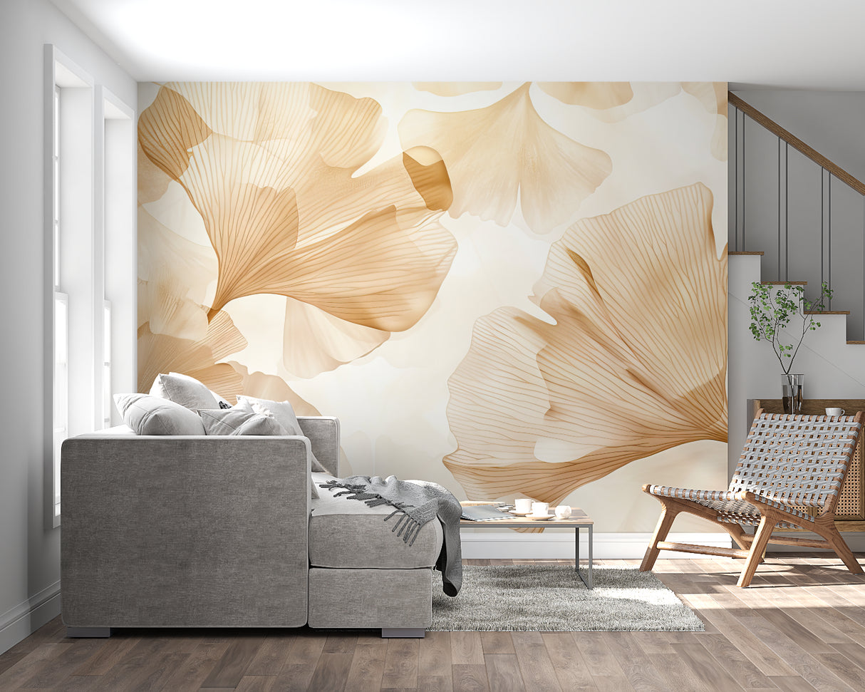 Beige ginkgo wall mural creating calm atmosphere in master bedroom