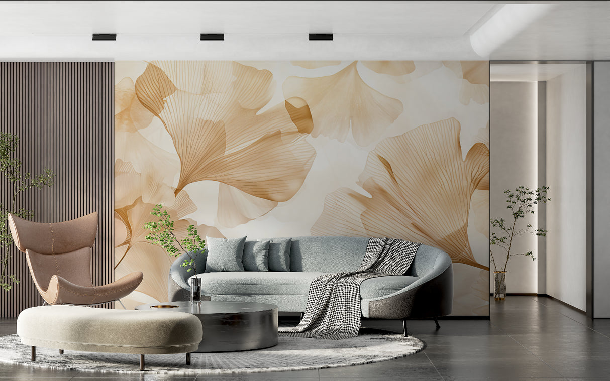 Nature-inspired ginkgo wallpaper in dining room with soft golden accents