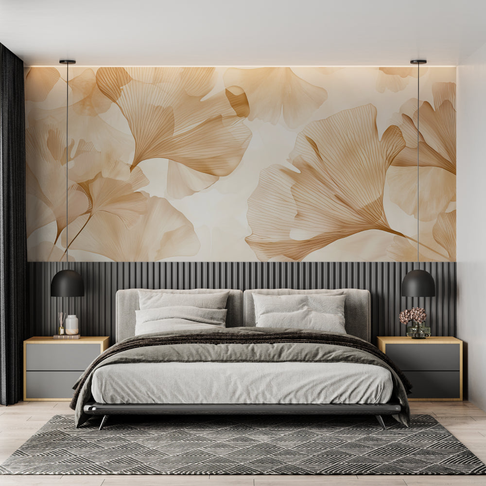 Botanical ginkgo mural adding elegance to home office space