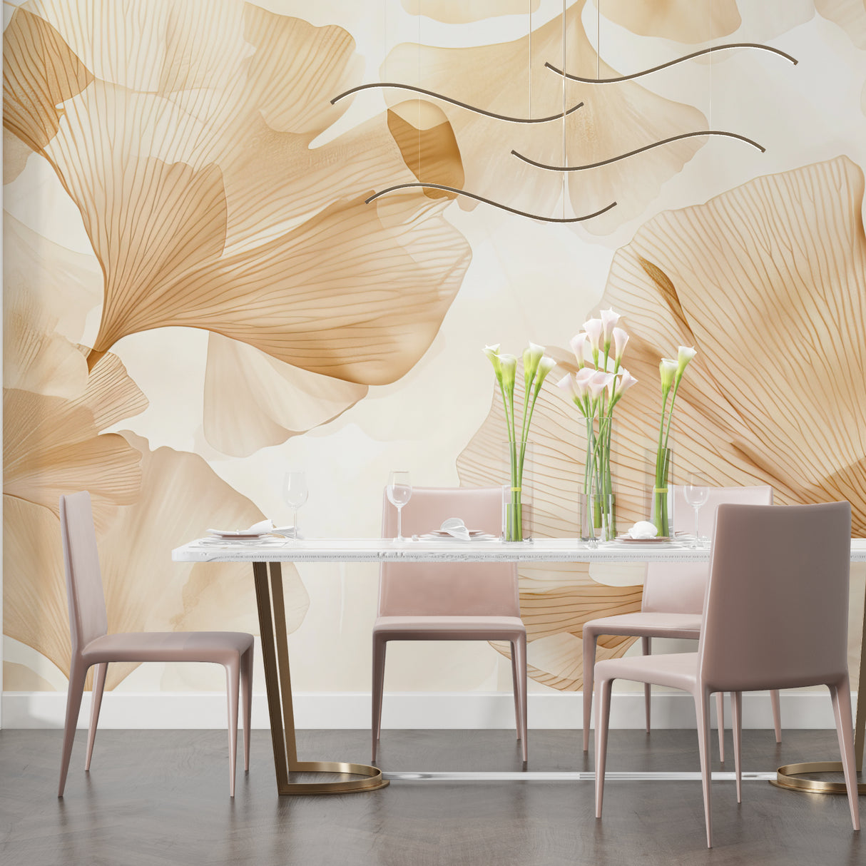 Gold and beige ginkgo pattern enhancing hallway walls