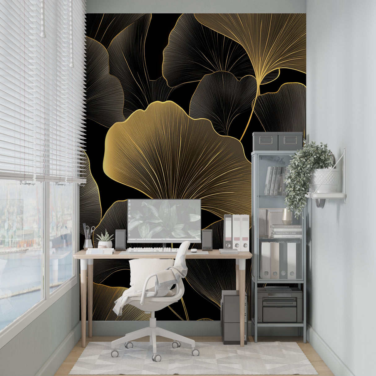 Black and gold Ginkgo wallpaper making a bold statement in a modern living room with contemporary furniture