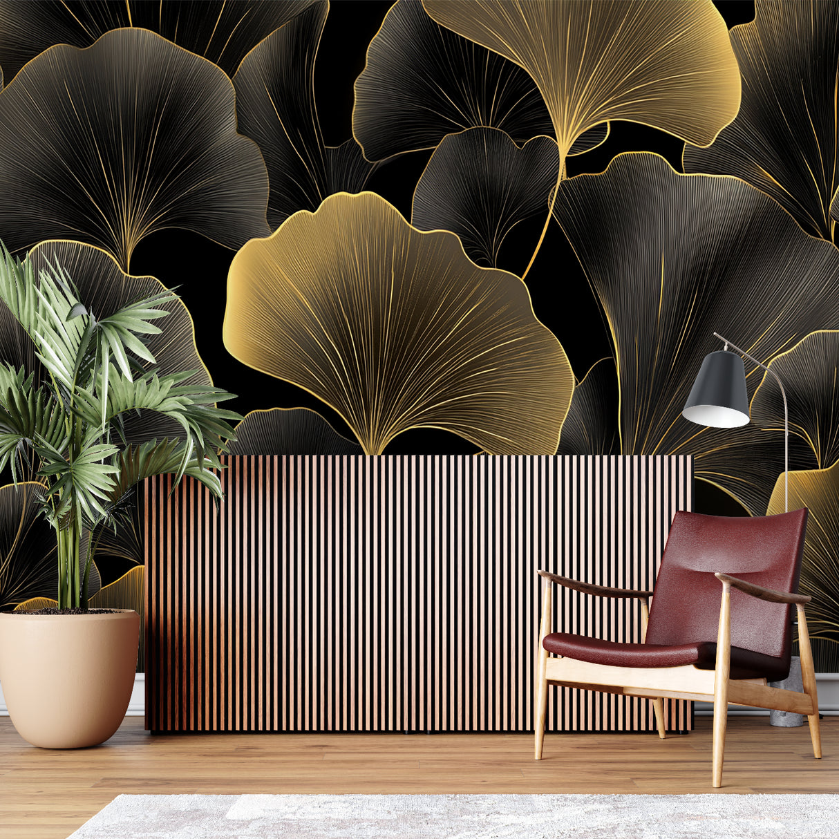 Art deco Ginkgo wall mural creating drama in an upscale dining room with golden accents