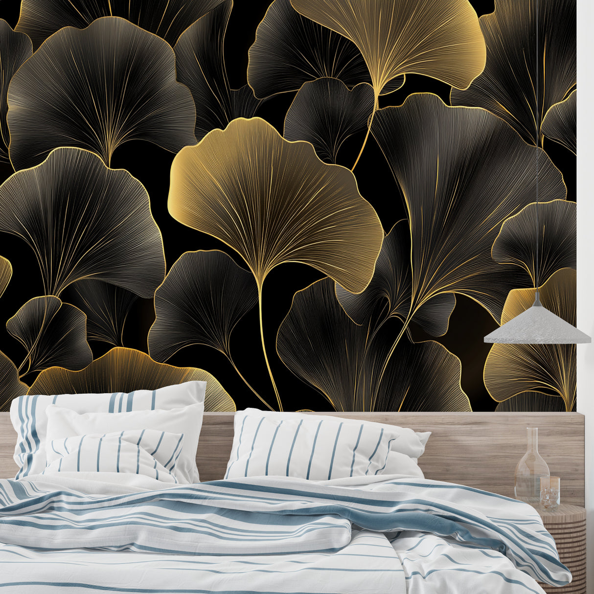 Black and gold Ginkgo pattern adding luxury to a home office space with minimal decor