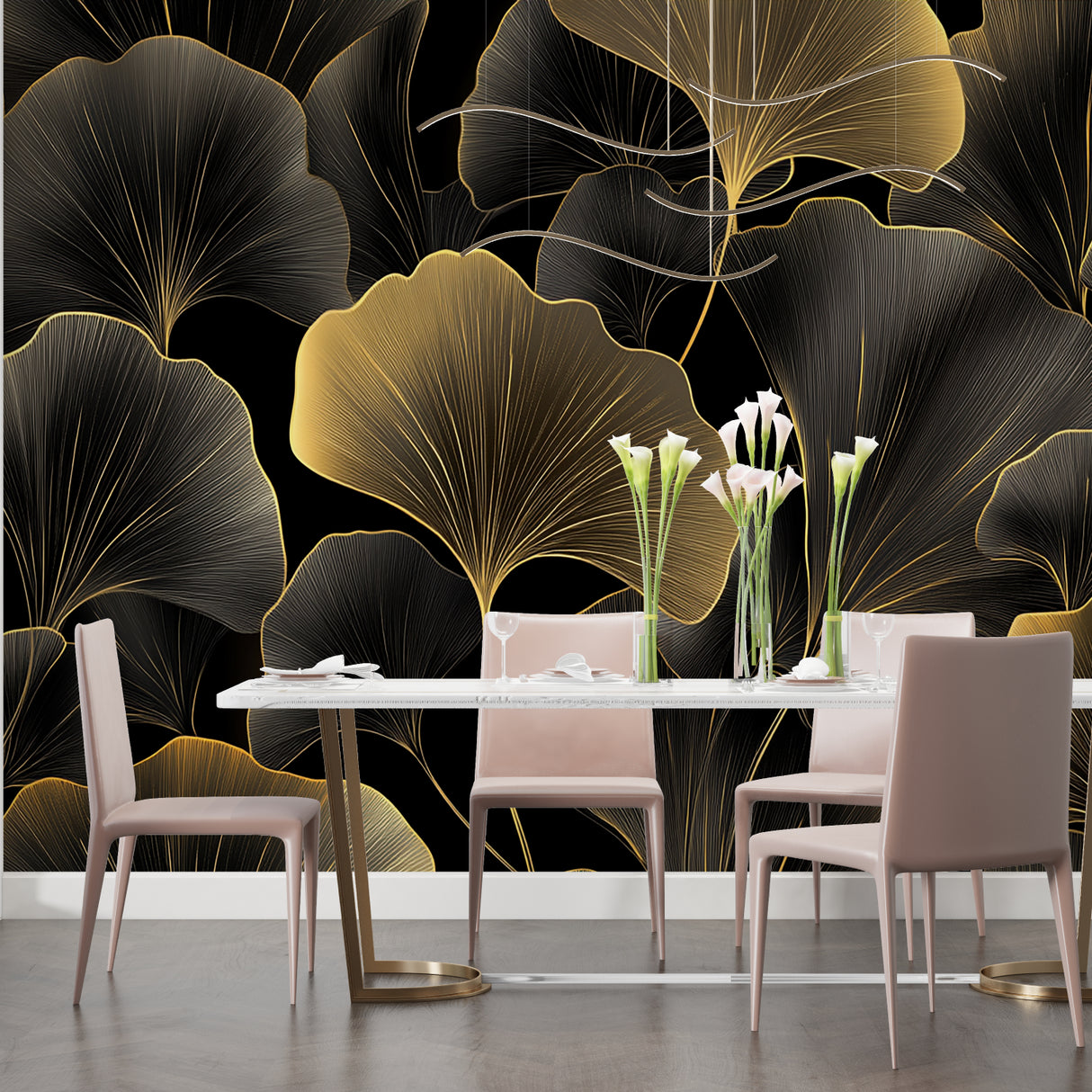 Black and gold ginkgo wallpaper in modern dining room with crystal chandelier