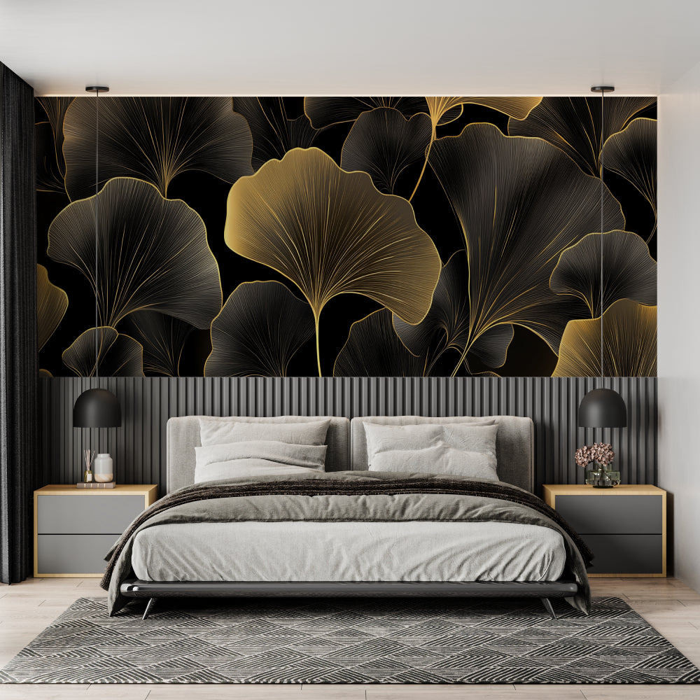 Art deco ginkgo leaf mural in luxury master bedroom setting