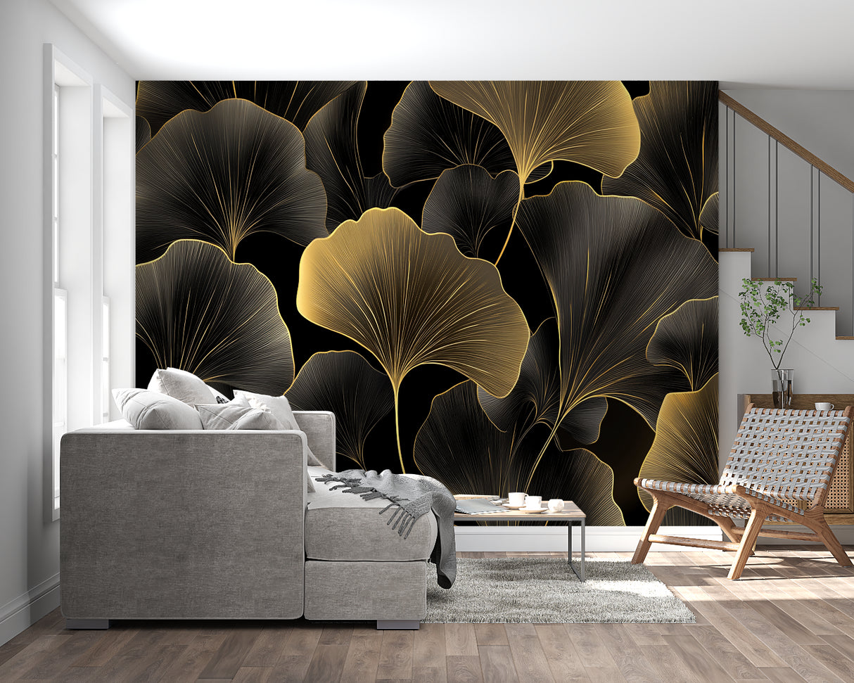 Gold ginkgo pattern wallpaper in stylish home office space
