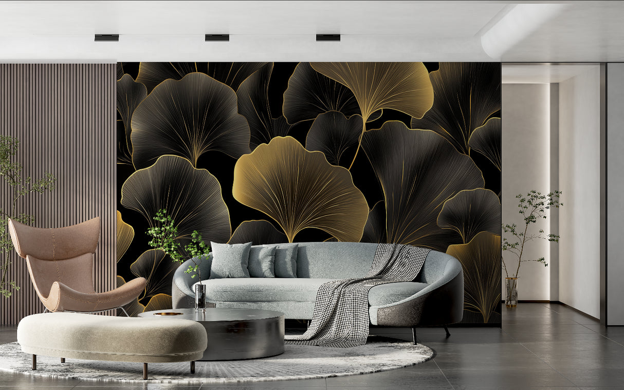 Black and gold art deco wallpaper in boutique hotel lobby