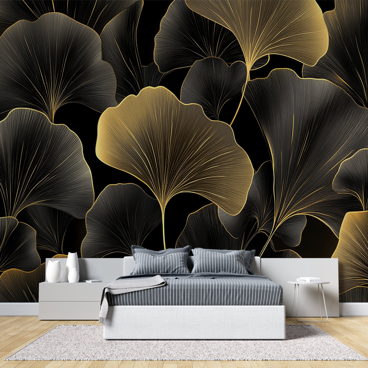Ginkgo leaf mural creating drama in modern living room