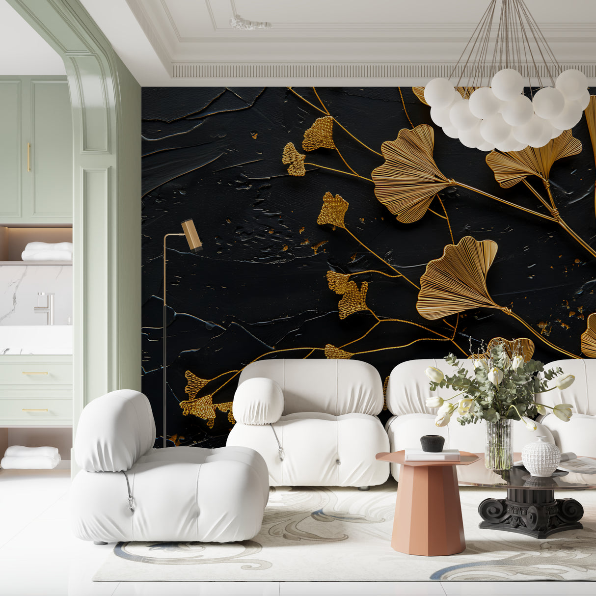 Black and gold Ginkgo wallpaper creating drama in modern living room with minimalist furniture