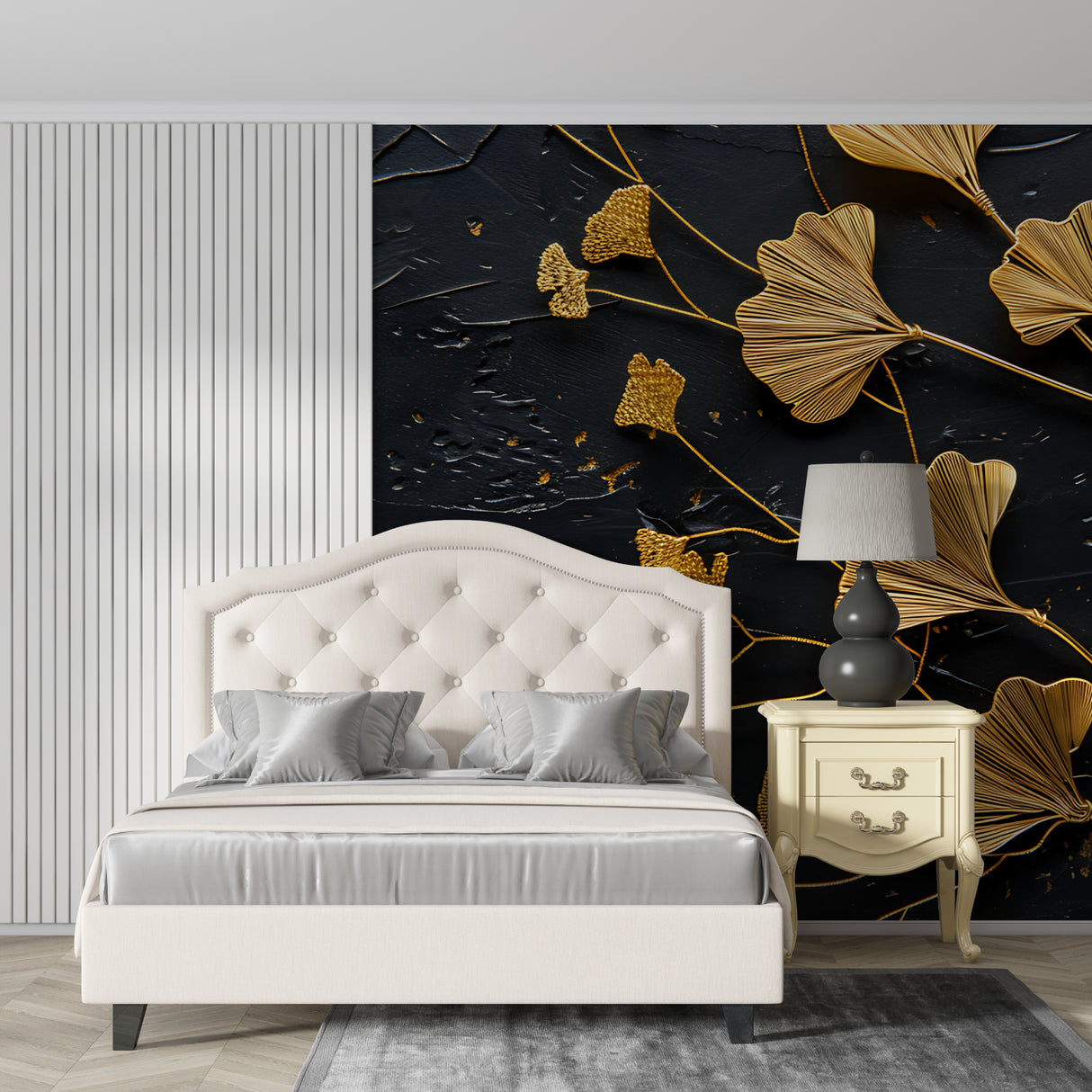 Elegant dining room featuring botanical gold Ginkgo leaf mural on dark accent wall