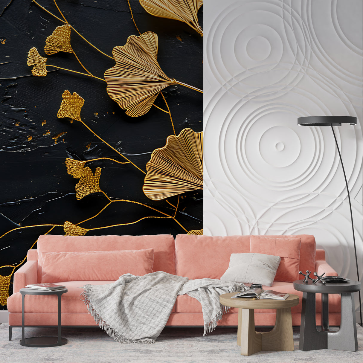 Master bedroom with luxury black and gold Ginkgo leaf wallpaper behind bed