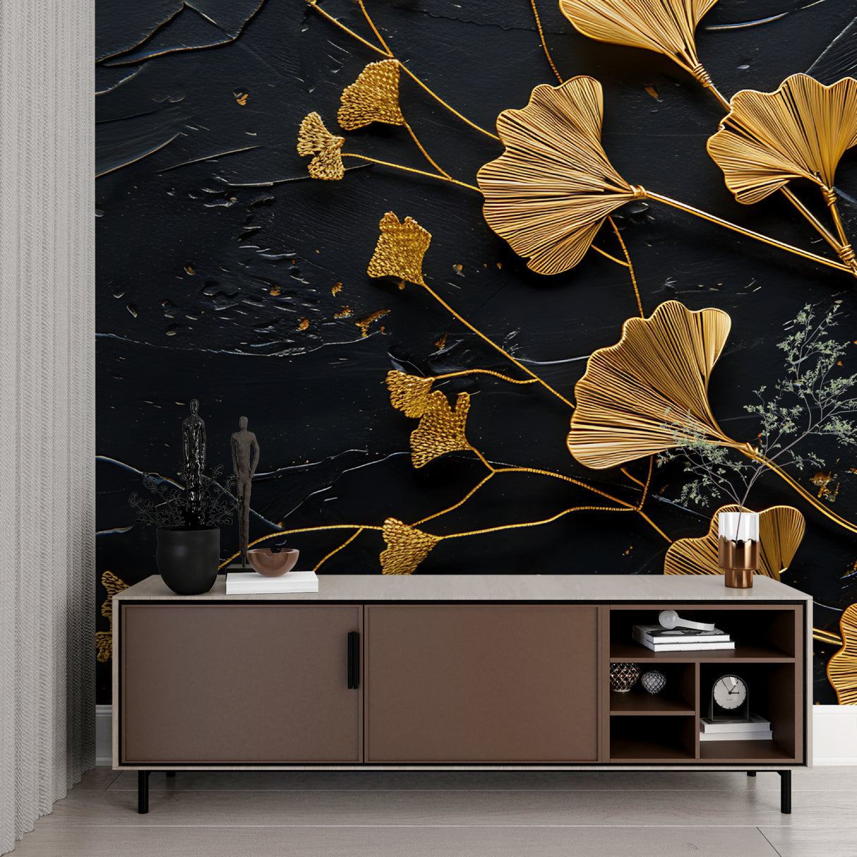 Home office space with sophisticated Ginkgo botanical wallpaper creating focus wall