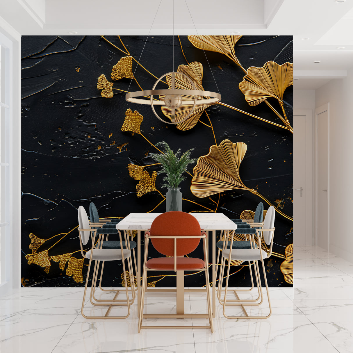 Hallway transformed with black and gold Ginkgo leaf pattern adding depth