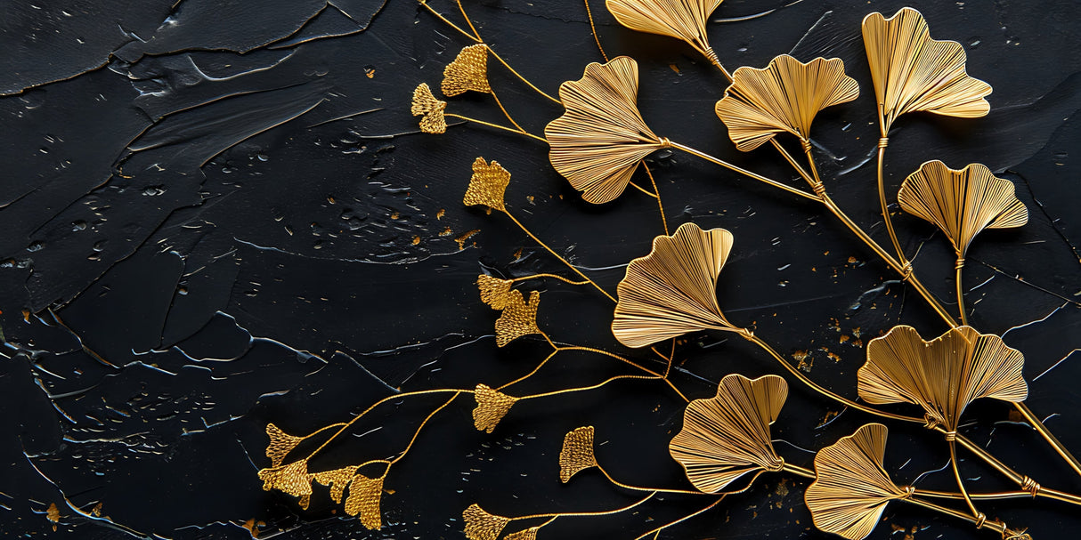 Botanical Ginkgo leaves design file showing detailed gold pattern on black background